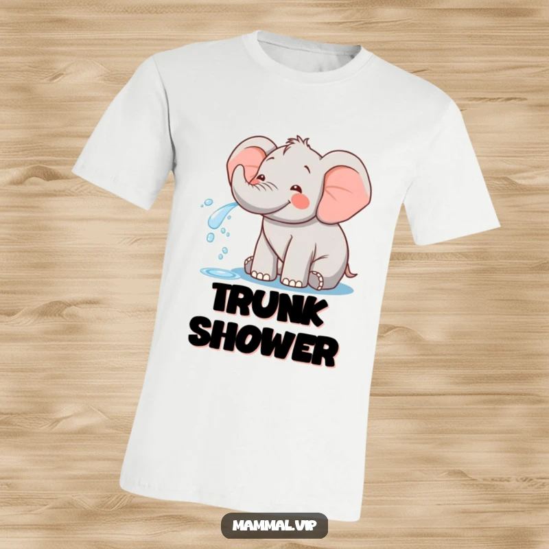 Funny t-shirt depicting a happy elephant gleefully spraying water from its trunk, radiating pure delight and energetic fun.