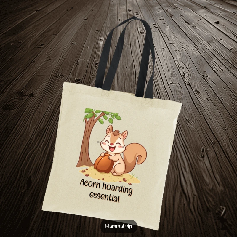 Funny Tote Bag with a happy squirrel character excitedly burying a huge acorn, perfect for carrying essentials and showing off personality.