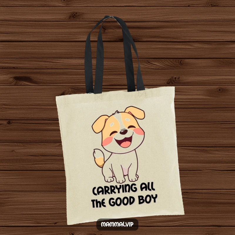 Funny dog tote bag, a joyful cartoon dog with a wagging tail, captured mid-bark with a happy expression, ready for errands.