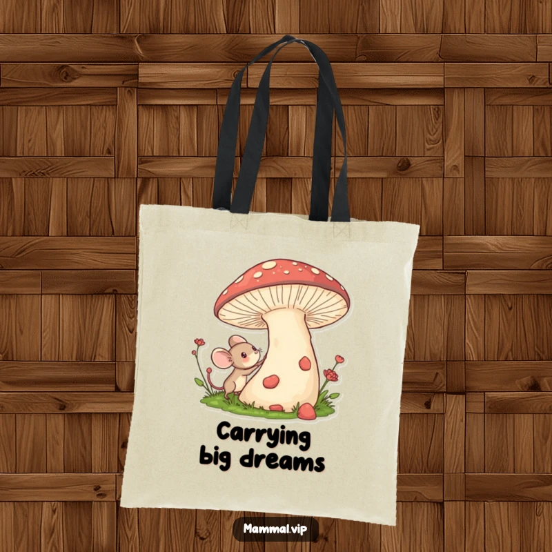 Funny tote bag showcasing a tiny mouse character excitedly exploring a giant mushroom, perfect for carrying everyday treasures.