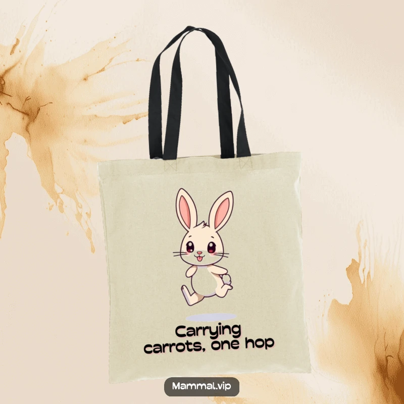 Funny tote bag with a small bunny character with long ears, excitedly hopping on one leg, a charming and humorous accessory.