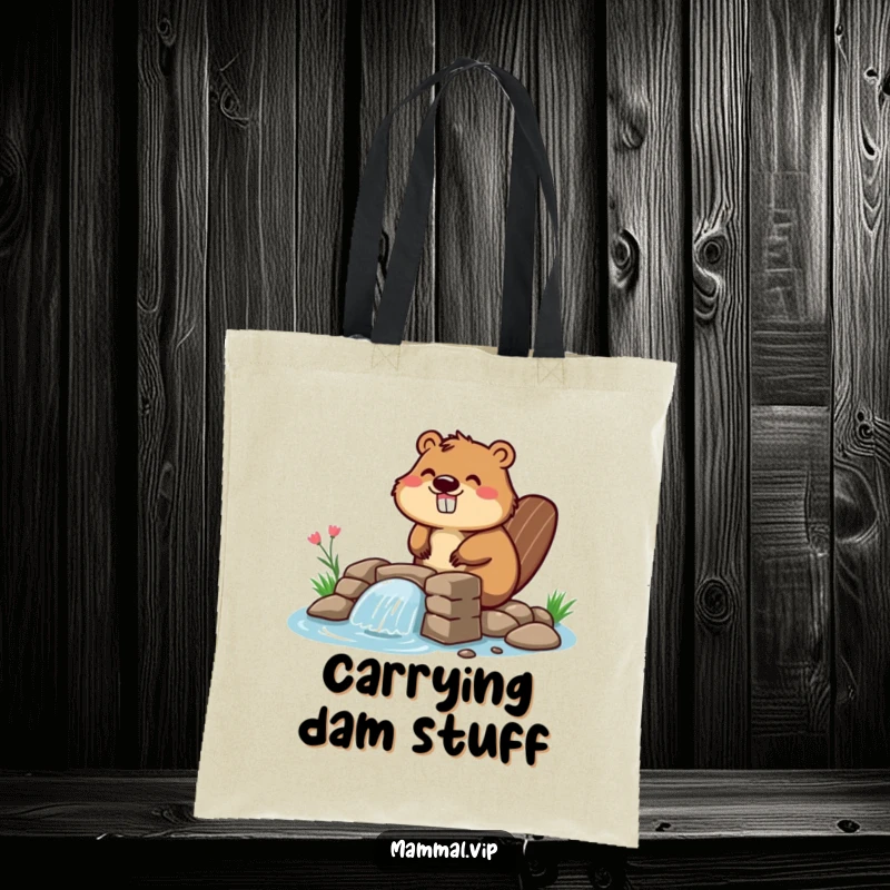Funny beaver tote bag featuring an enthusiastic character building a dam, a practical and humorous accessory for eco-conscious shoppers and animal lovers.