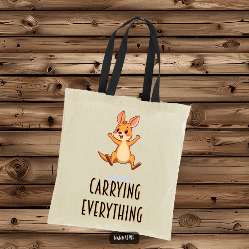 Funny tote bag displaying a kangaroo comically overshooting a jump with surprise, a humorous and practical accessory.