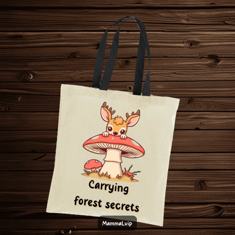 Funny deer tote bag with a curious deer peeking over a stylized mushroom, a whimsical and funny accessory for nature lovers.