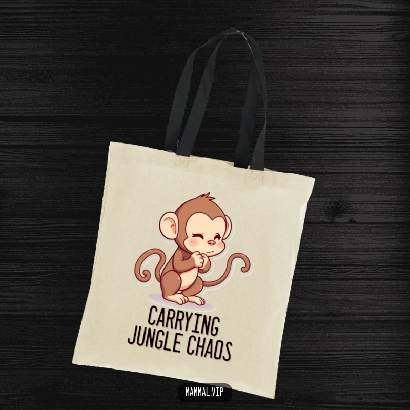 Funny tote bag depicting a curious cartoon monkey playfully tugging on its own tail. A humorous and useful item.