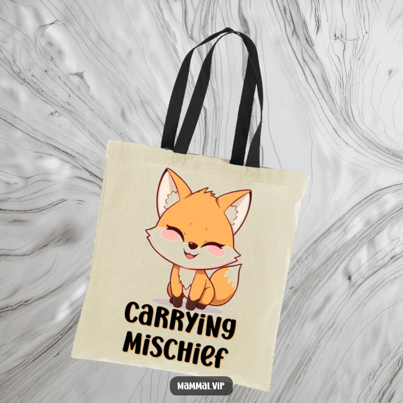 Funny Tote Bag showcasing a playful fox character with a mischievous grin, stealthily approaching, perfect for daily errands.