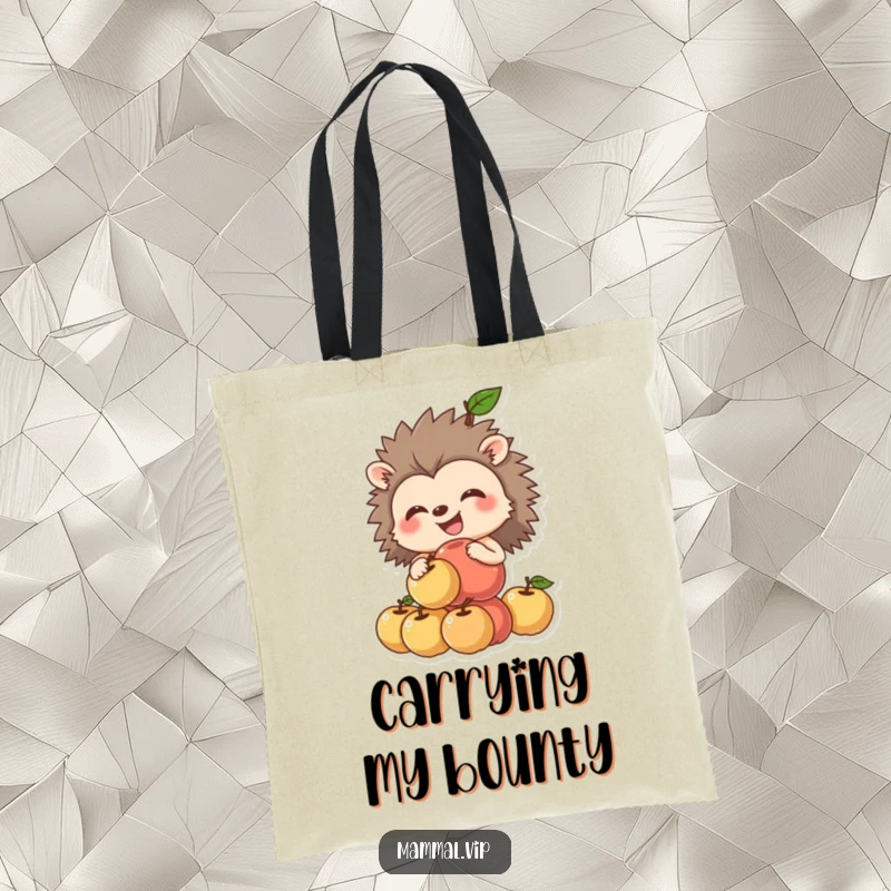 Funny hedgehog tote bag depicting a grinning hedgehog trying to balance a stack of apples, ideal for carrying essentials with humor.