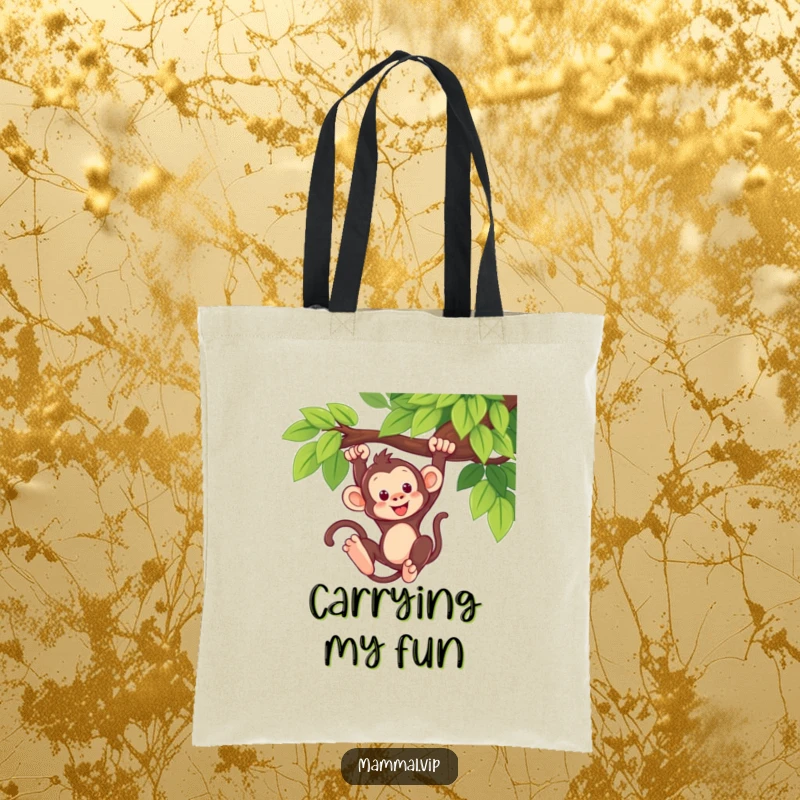 Funny Monkey Swing Tote Bag: A cute monkey playing on a tree branch, ideal for carrying essentials with a dose of jungle fun. Gift.