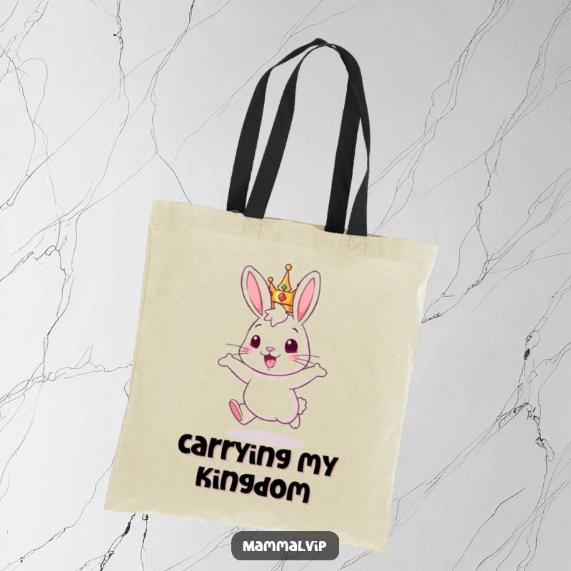 Funny tote bag: a rabbit wearing a crown, hopping enthusiastically, perfect for carrying daily items.