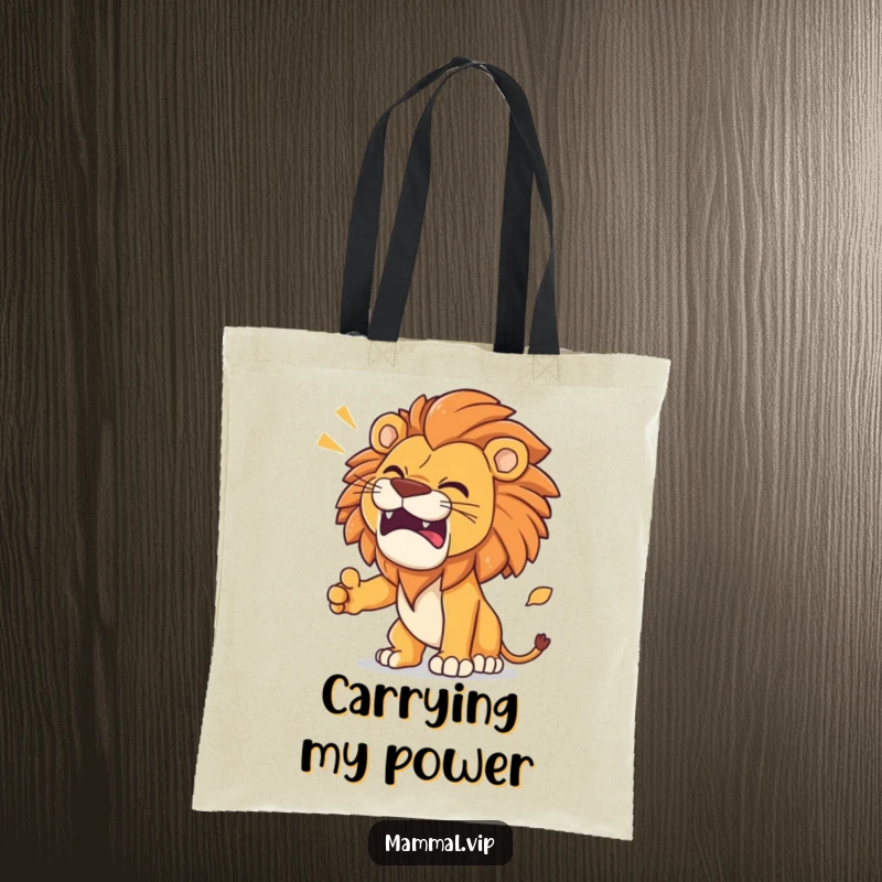 Funny Lion Tote Bag featuring a determined lion releasing a hilarious roar with comical visual effects.