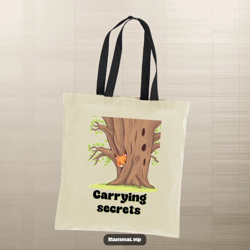 Funny tote bag showcasing a curious fox kit peeking from behind a large oak tree, perfect for carrying everyday items.