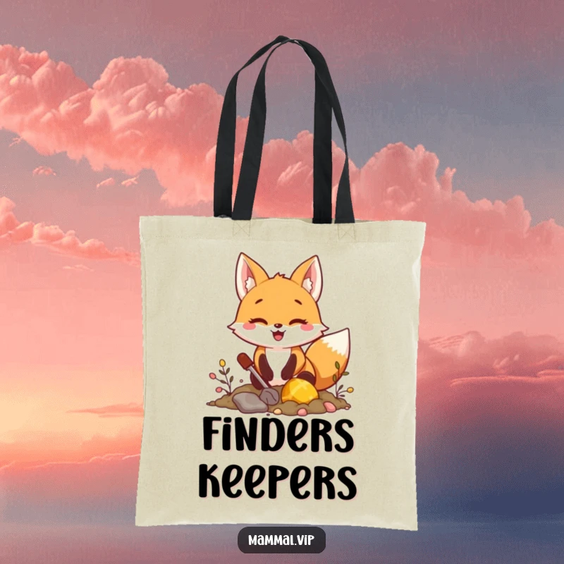 Funny fox digging for treasure tote bag, with an excited character seeking hidden riches, practical and a funny gift.