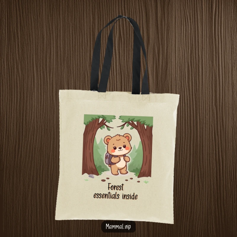 Funny bear cub with a backpack, on a tote bag, ready for forest adventures. A practical and funny gift.