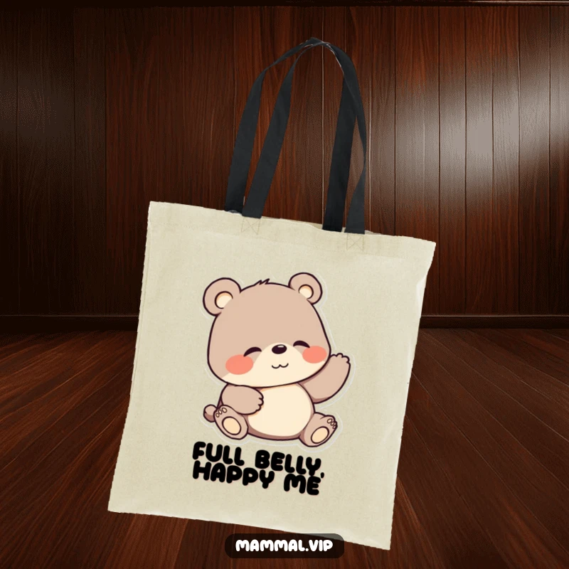 Funny tote bag featuring a cheerful cartoon bear scratching its belly with evident satisfaction. A humorous and practical accessory.