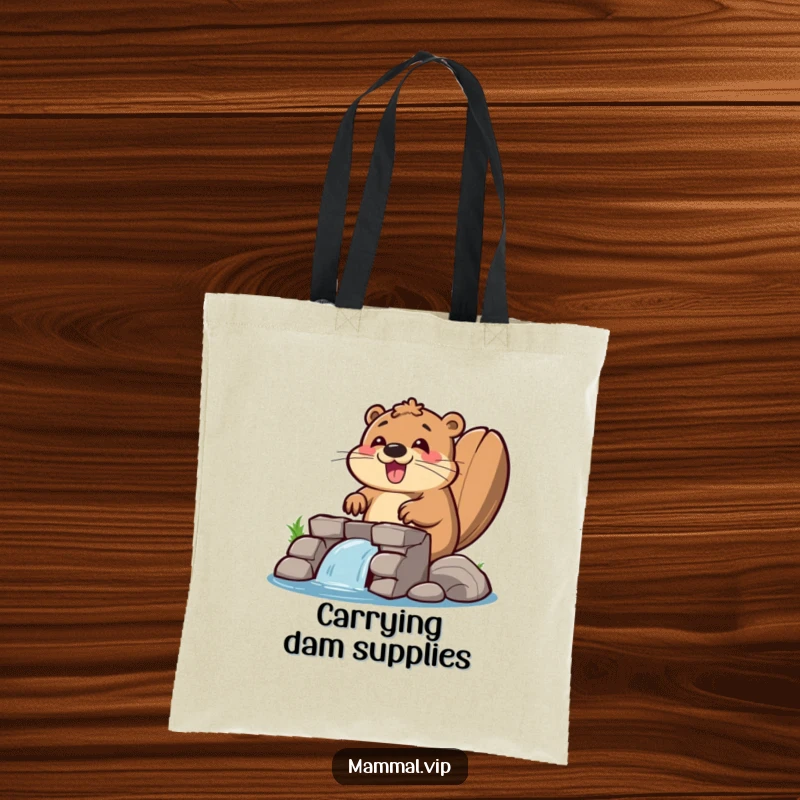 Funny beaver tote bag showing a happy beaver enthusiastically building a dam, ideal for carrying tools and humor.