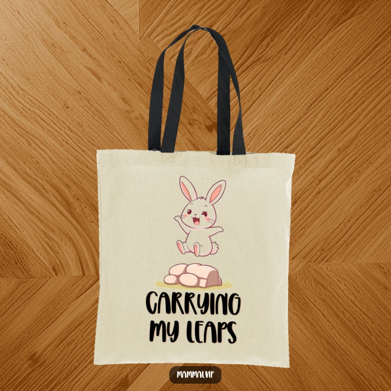 Funny Tote Bag highlighting a dynamic bouncy rabbit character leaping with enthusiasm over a miniature obstacle, perfect for market trips.