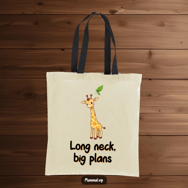 Funny tote bag showing a curious giraffe character stretching its long neck towards a high leaf, perfect for carrying essentials with style.