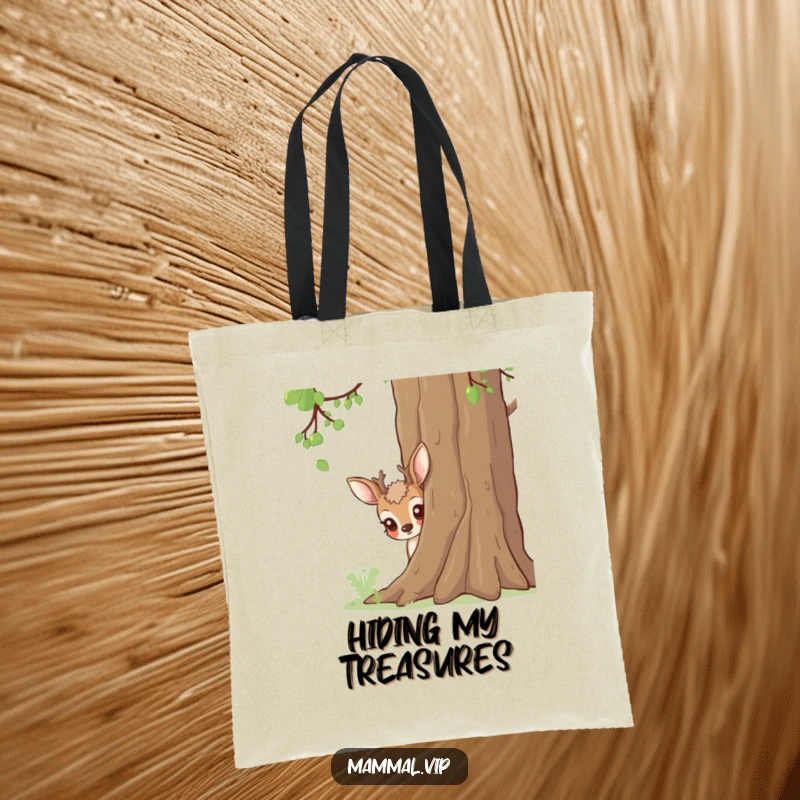 Funny deer peeking from behind a tree, a humorous and practical tote bag.