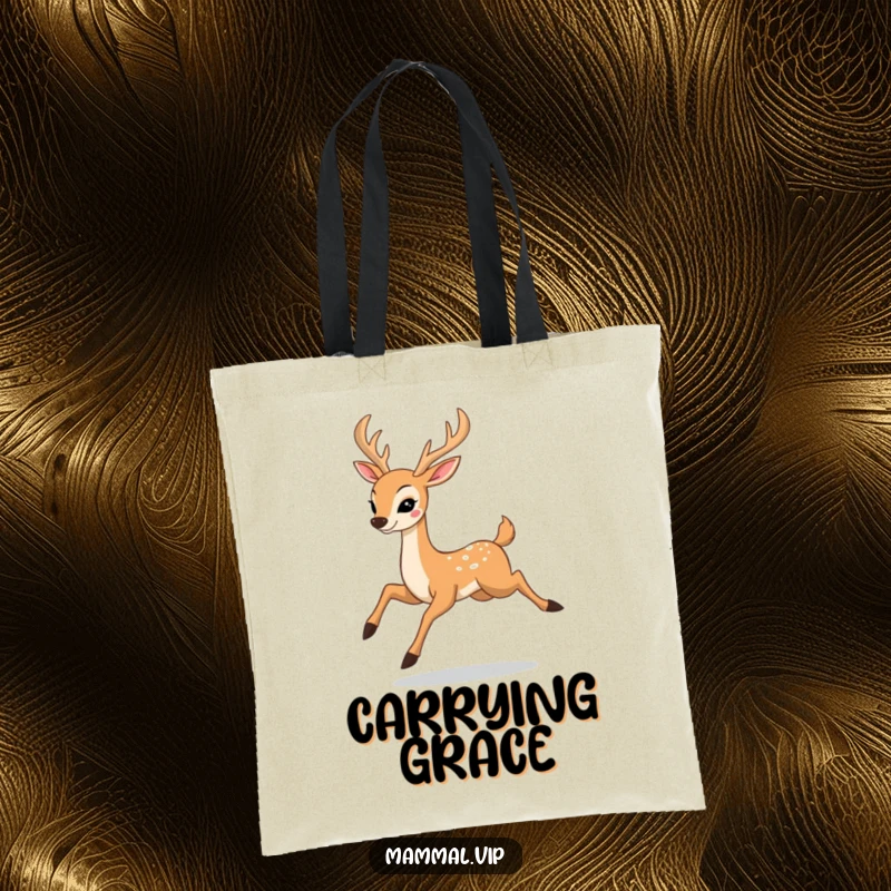 Funny tote bag design of a happy deer character prancing with elegant leaps, a stylish accessory for nature enthusiasts.