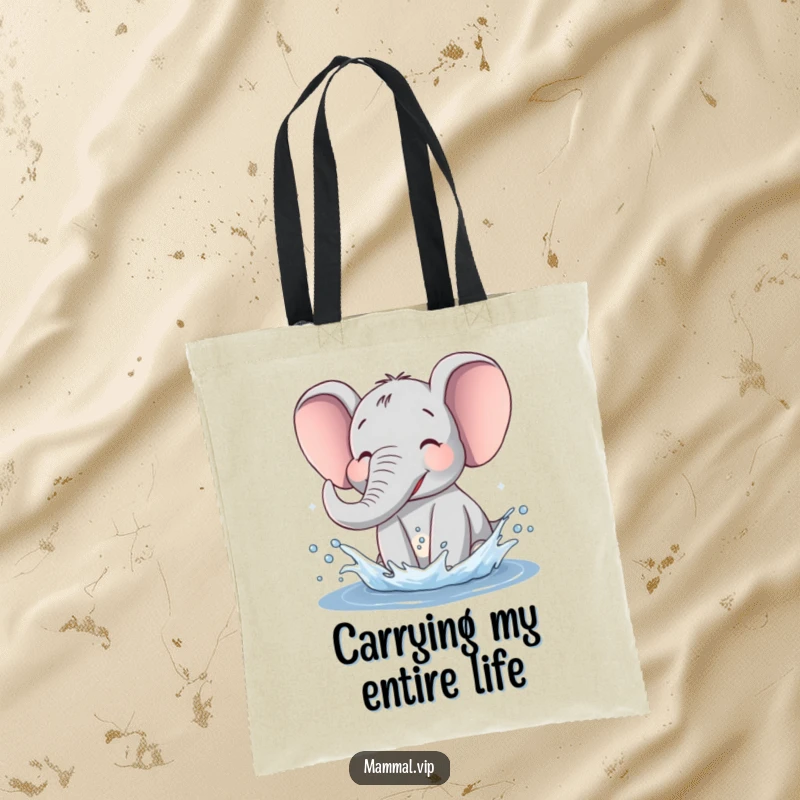 Funny Elephant Tote Bag with a happy elephant splashing water, perfect for carrying items with a humorous touch.