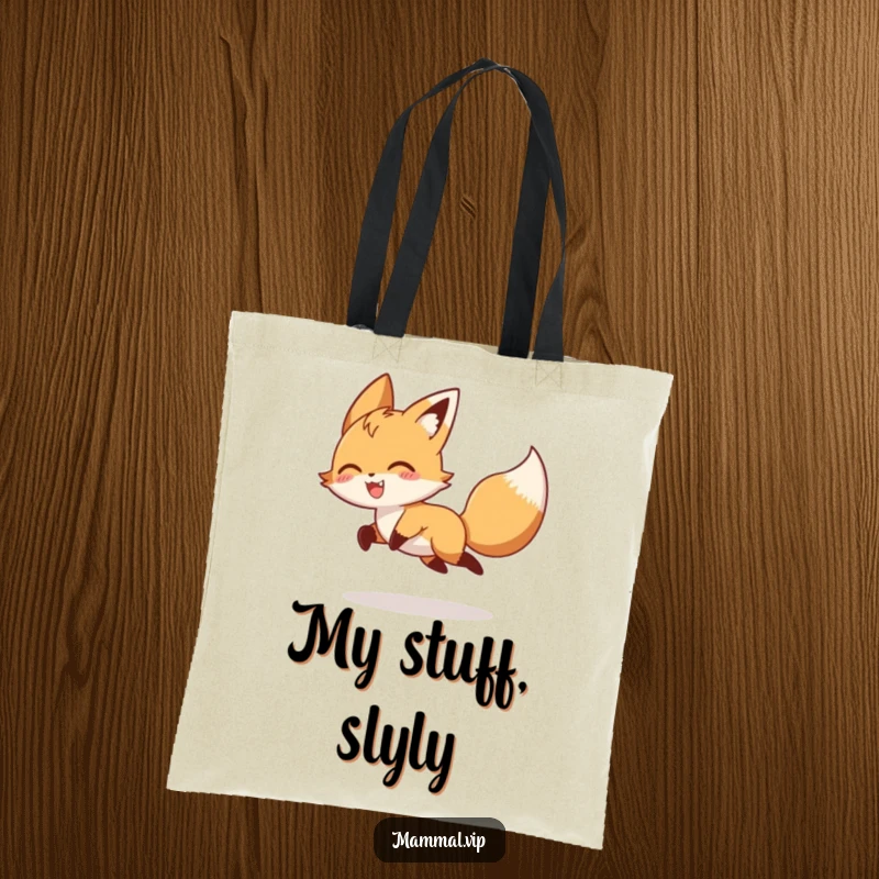 Funny playful fox character chasing its tail on a tote bag, a humorous animal accessory and pet lover gift.