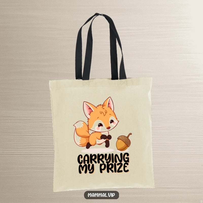 Funny Fox Cub Tote Bag showing a playful cub with a wagging tail chasing a bouncing acorn, ideal for everyday use.
