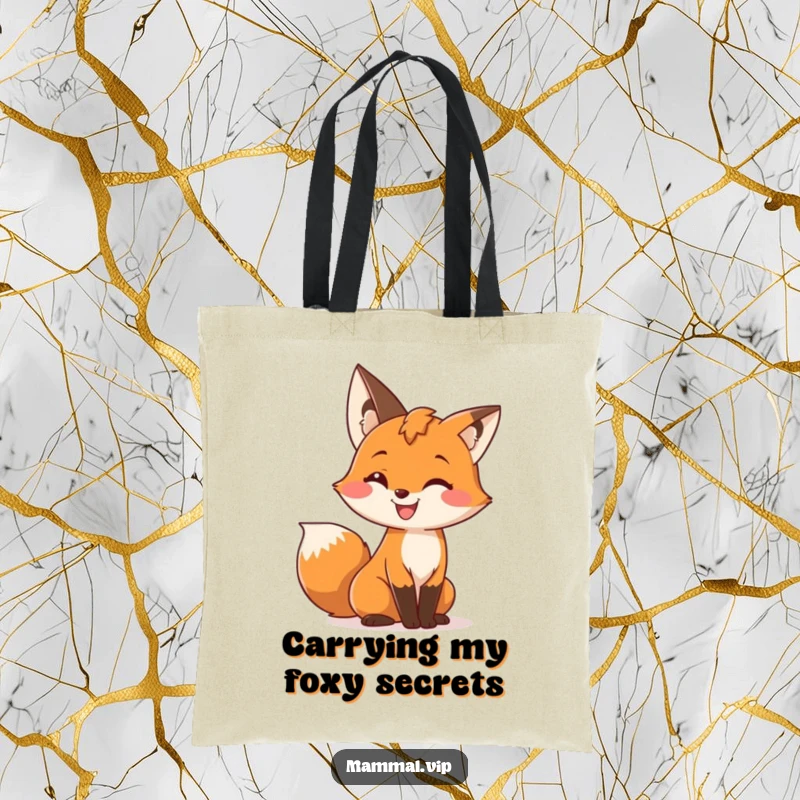 Funny tote bag with a cute fox character with a wide grin, wiggling its bushy tail, a charming and humorous accessory.