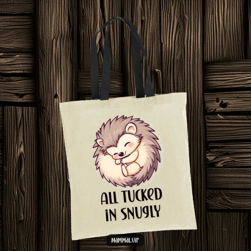 Funny hedgehog tote bag with a cute illustration of a hedgehog character curled into a ball, representing security and humorous charm for everyday use.