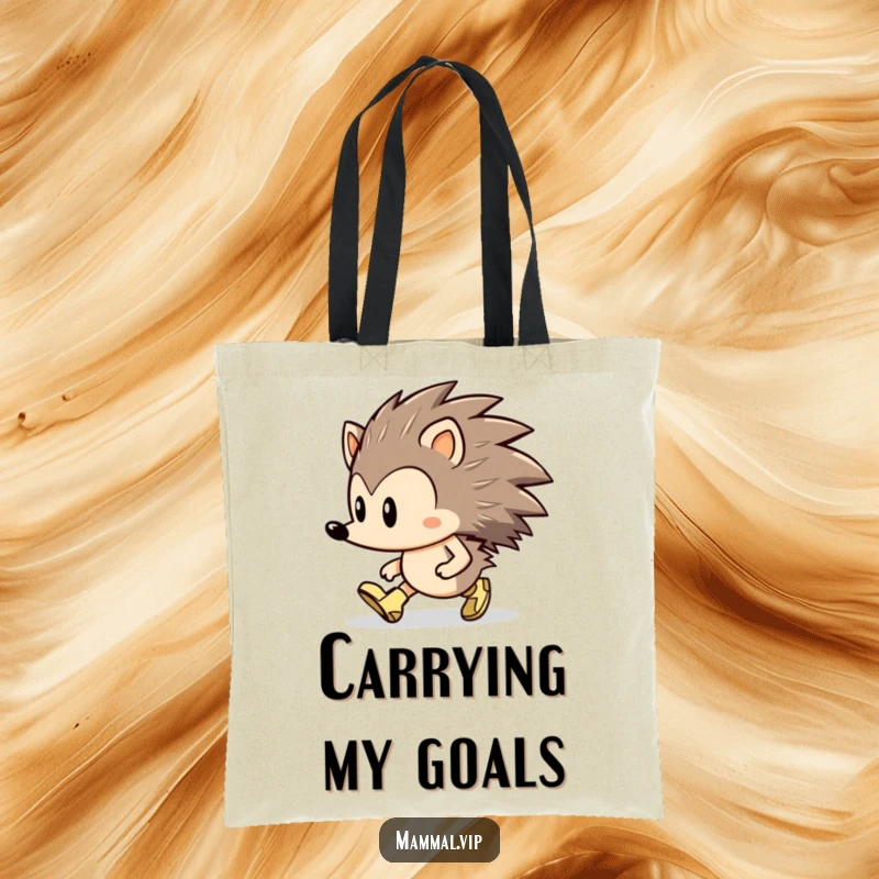 Funny Hedgehog Tote Bag: A determined hedgehog character marching forward with tiny boots, perfect for carrying daily goals.