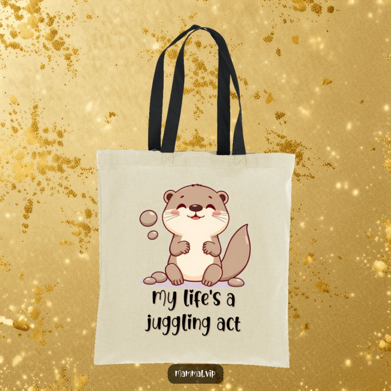 Funny tote bag with a cute otter character skillfully juggling multiple smooth, round pebbles, bringing smiles.