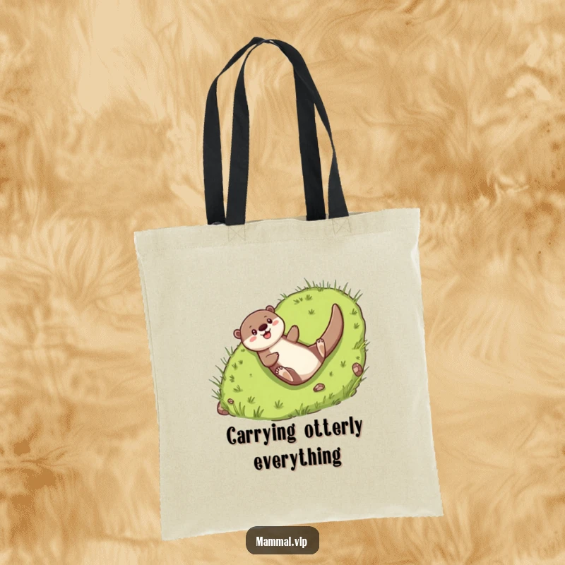 Funny Tote Bag: Cheerful otter character joyfully sliding down a green grassy hill.