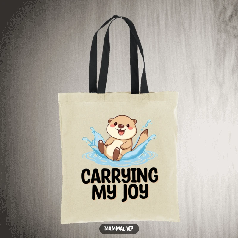 Funny happy otter character on a tote bag, sliding down a water splash, ready for shopping.