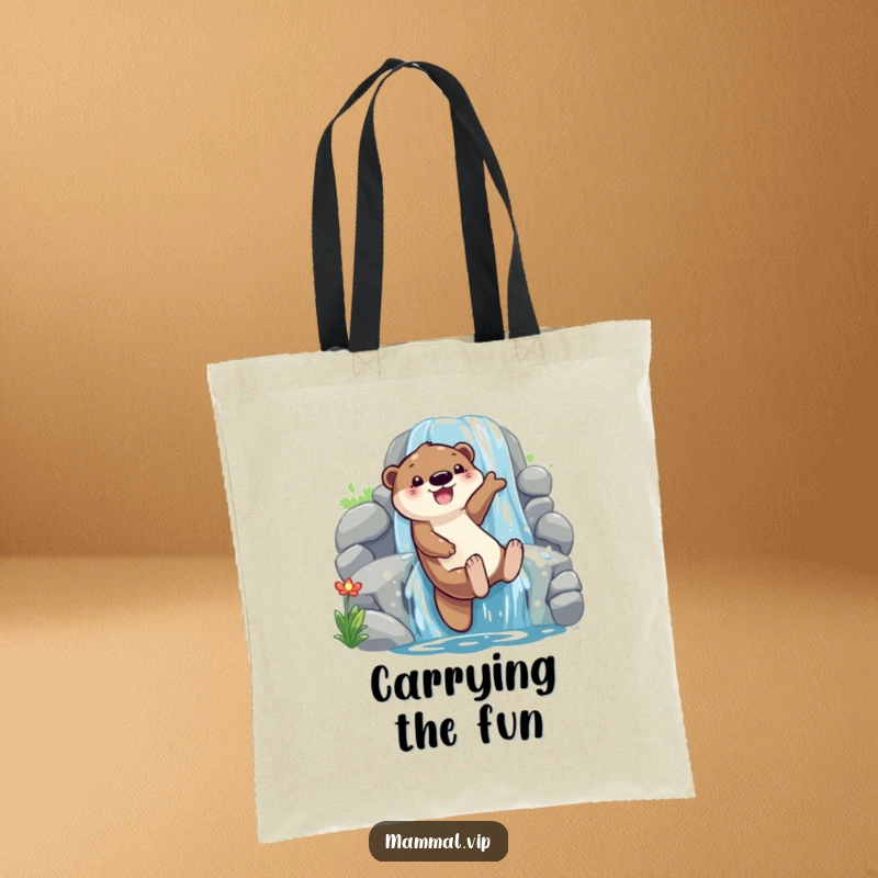 Funny otter sliding down a waterfall tote bag, with a playful character experiencing pure glee, practical and a funny gift.