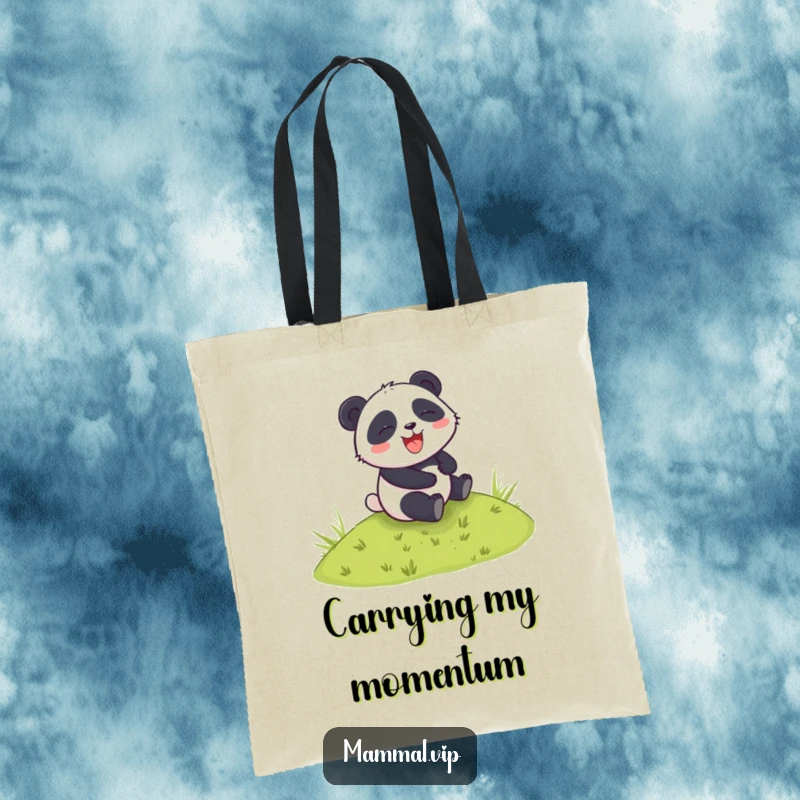 Funny tote bag with a cute panda character rolling down a grassy hill, symbolizing carefree fun and happy moments.