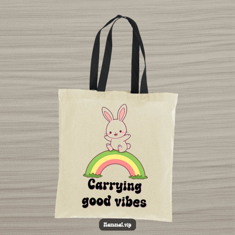 Funny rabbit rainbow hop tote bag, with a cute character joyfully hopping over a rainbow, stylish and a funny gift.