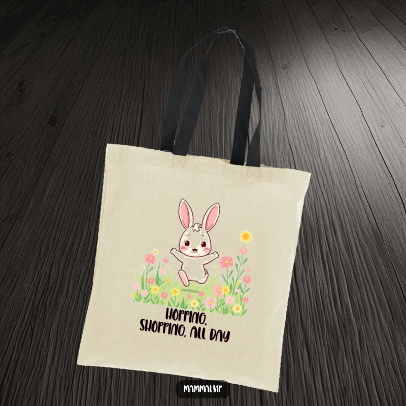 Funny bouncy rabbit tote bag with a character enthusiastically hopping through a flower field, a charming and functional accessory.
