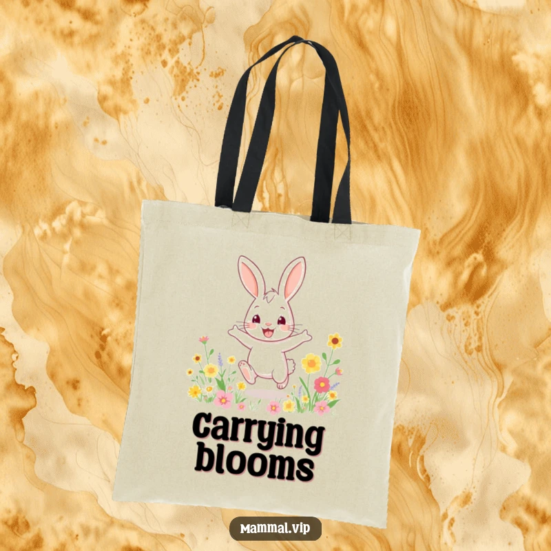 Funny tote bag showcasing a bouncy rabbit character enthusiastically hopping in a field of flowers, ideal for everyday joy.