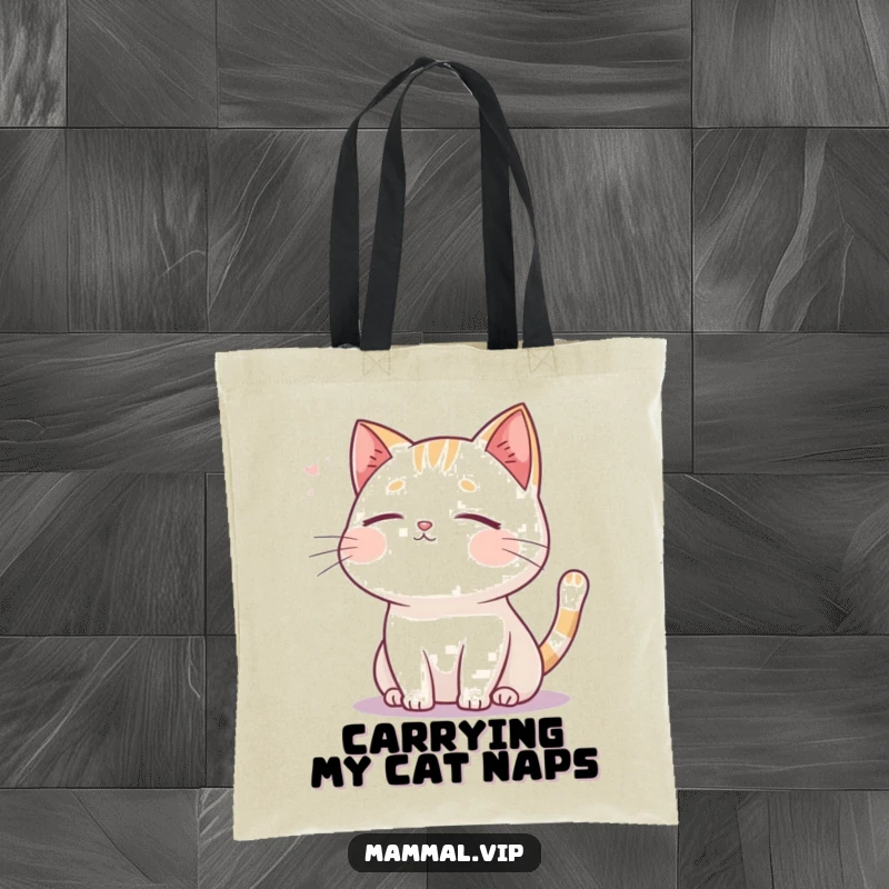 Funny cat tote bag, a serene cartoon cat with closed eyes, blissfully enjoying a gentle, calming breeze.
