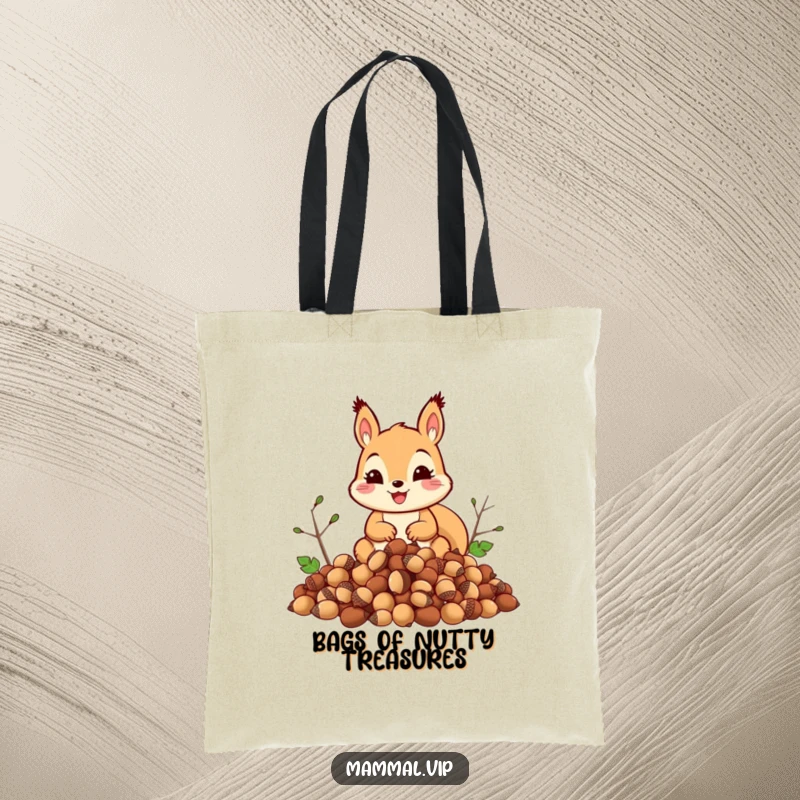 Funny squirrel tote bag illustrating a cheerful squirrel gathering an overwhelming mountain of acorns, a humorous take on preparedness.