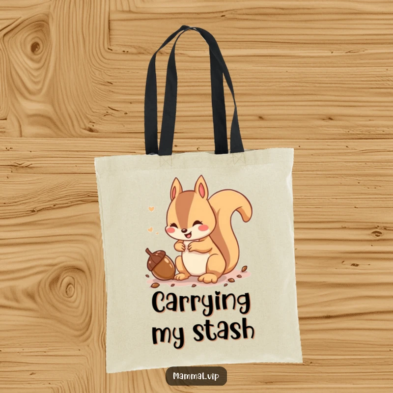 Funny tote bag showcasing a playful squirrel character chattering while burying an acorn, ideal for carrying everyday items.