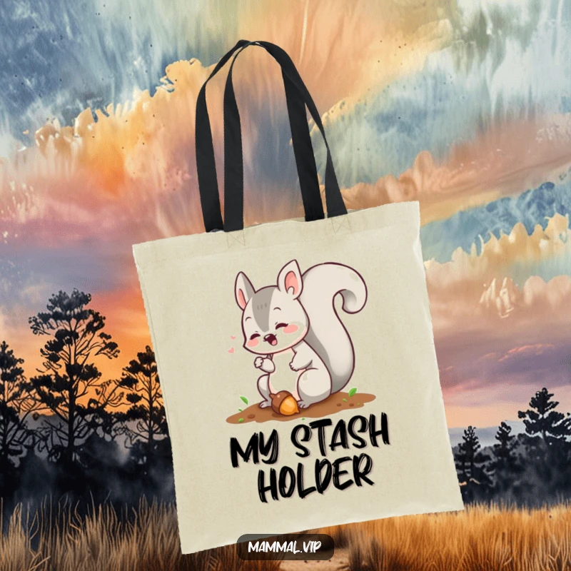 Funny squirrel tote bag showcasing a chattering character burying an acorn, ideal for carrying items with a humorous touch.