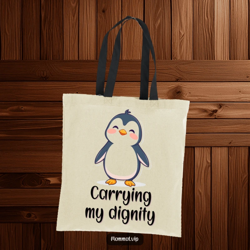 Funny tote bag showing a wobbly penguin character trying to stand upright, perfect for carrying items with a smile.