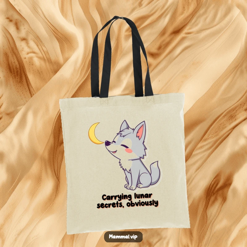 Funny Wolf Tote Bag: Goofy wolf character howling with a wide smile at a crescent moon, perfect for carrying humor.