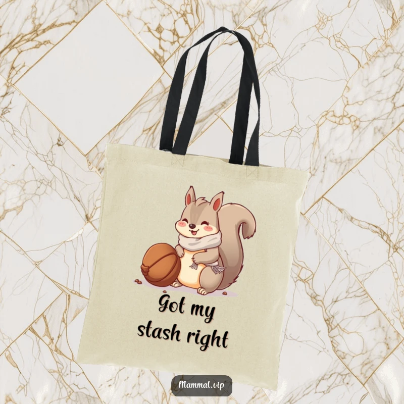 Funny tote bag: a squirrel with a scarf burying a big nut, perfect for carrying essentials.
