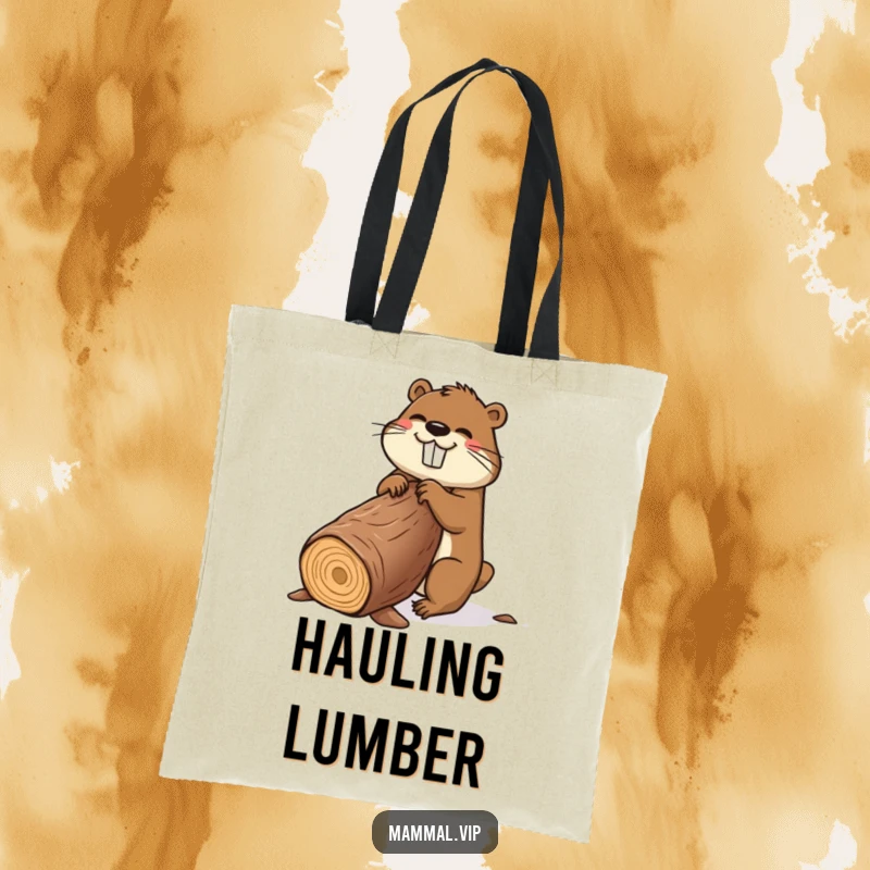 Funny beaver tote bag featuring a happy cartoon beaver enjoying gnawing a massive log, a practical and humorous accessory.