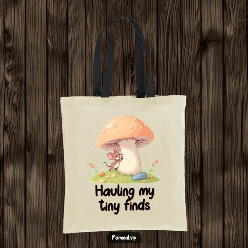 Funny tiny mouse tote bag with a character excitedly exploring a giant mushroom, a charming and functional accessory.