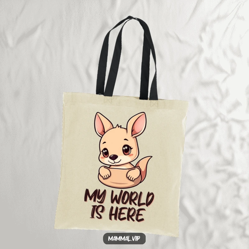 Funny Kangaroo Tote Bag featuring a curious kangaroo peeking out of its pouch with wide, wondering eyes.