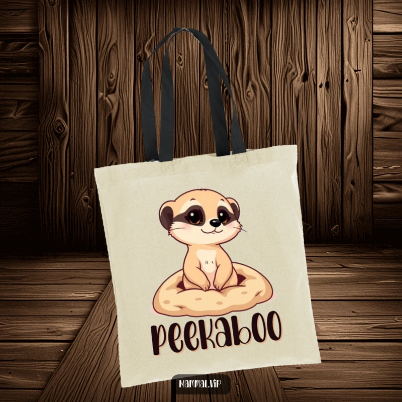 Funny tote bag displaying a curious meerkat character popping its head out from a tiny burrow, a humorous and practical accessory.