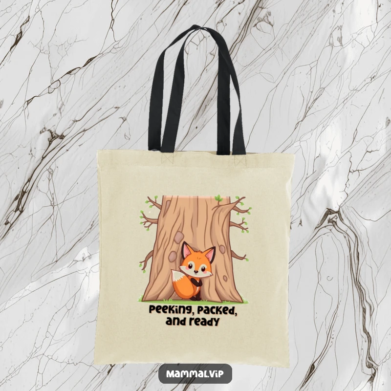 Funny fox kit tote bag with a curious character peeking from behind an oak tree, a charming and functional accessory.