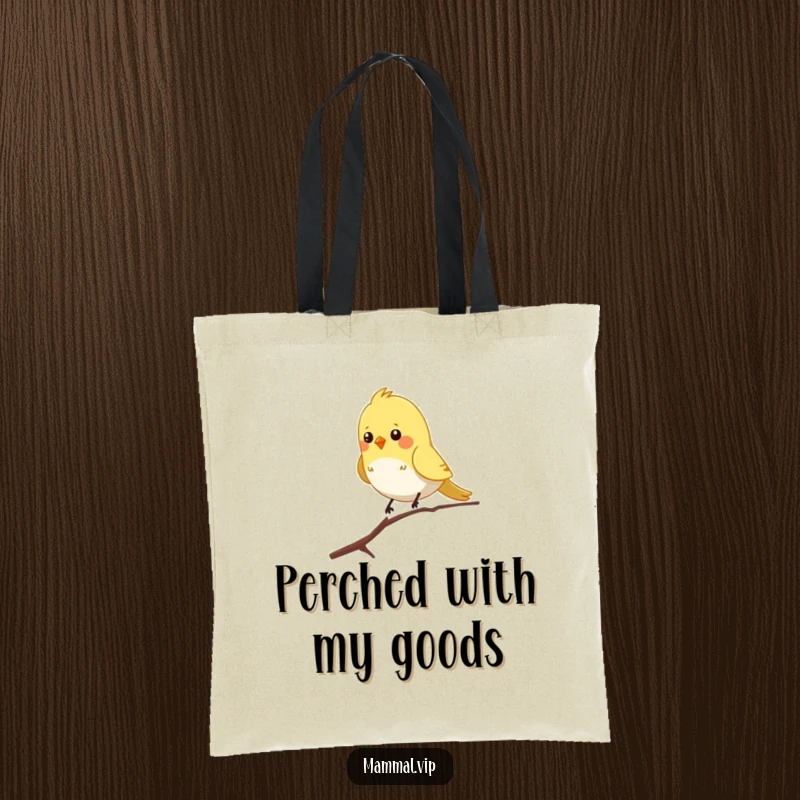 Funny tote bag showing a chirpy bird character balancing on a single skinny branch, ideal for carrying items with a smile.